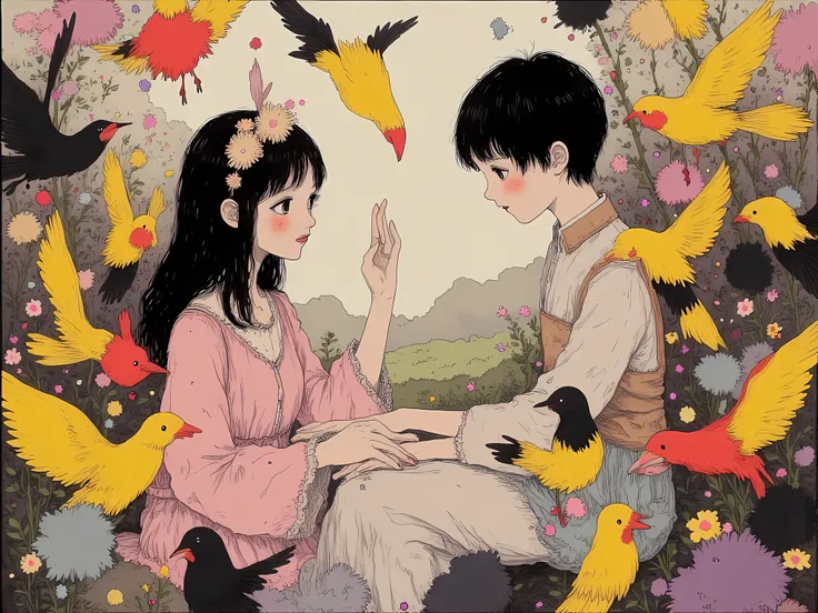 Anime girl and boy,speaking birds Yellow red black. 