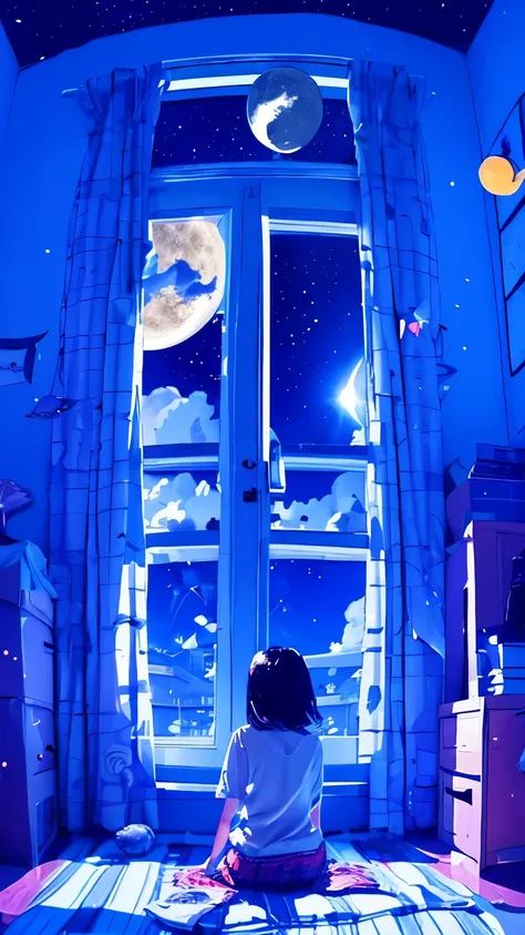 summer night、Rear View of a Pretty Girl Staring at the Milky Way、Dreaming Alone Girl、Majestic Milky Way and Clear Starry Sky、Night Clouds Illuminated by the Moon