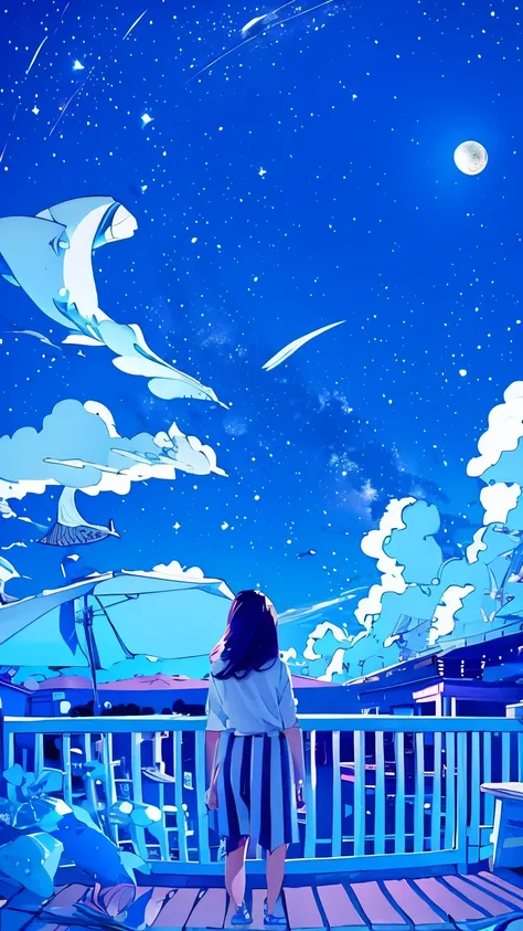 summer night、Rear View of a Pretty Girl Staring at the Milky Way、Dreaming Alone Girl、Majestic Milky Way and Clear Starry Sky、Night Clouds Illuminated by the Moon