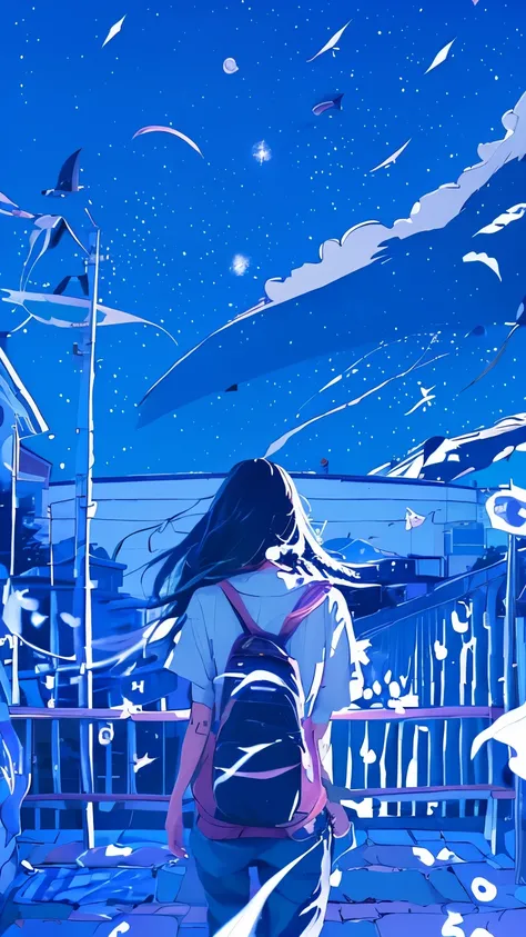 summer night、Rear View of a Pretty Girl Staring at the Milky Way、Dreaming Alone Girl、Majestic Milky Way and Clear Starry Sky、Night Clouds Illuminated by the Moon