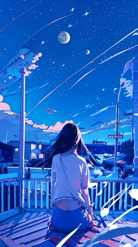 summer night、Rear View of a Pretty Girl Staring at the Milky Way、Dreaming Alone Girl、Majestic Milky Way and Clear Starry Sky、Night Clouds Illuminated by the Moon