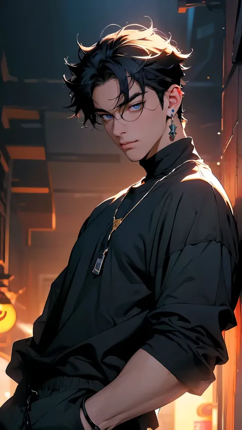 highest quality, 8,000, High Resolution Image, 动漫风格 Cyber Bar, ( Riosli/genshin impact), Detailed description, Bored expression, blurry, purple light reflection, (Close Angle), 1 man, Young, male, Model, Hands in pockets, cool guy, multicolored backgrou...