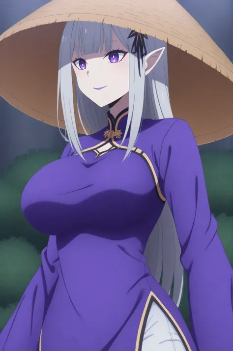 score_7_up, anime screencap, Satella, 1girl, Conical Straw Hat, Anime, 1girl, pointy ears, hair ornament, hair ribbon, silver hair, closed mouth, smiles, purple lips, purple eyes, Big breasts, Vietnamese Ao dai, pants, long sleeves, solo, cowboy shot, Bout...