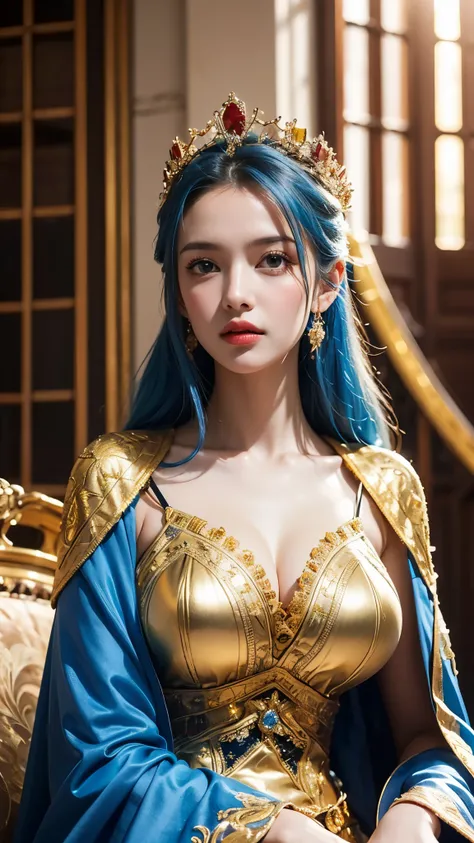 "Create a hyper-realistic portrait of Nefertari Vivi from the anime One Piece imagined as a real-world queen. Vivi is in her mid-twenties, radiating a regal and elegant presence. Her long, silky sky-blue hair is styled in an intricate, majestic updo, adorn...