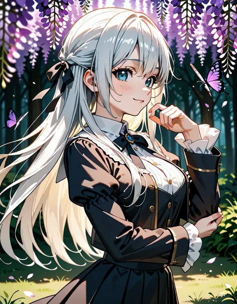 (score_9, score_8_up, score_7_up), source_Anime, absurd_res, white, purple, black, 1girl, solo, upper body, super fine illustration, an extremely delicate and beautiful, best quality, masterpiece, 8K, spring night setting, wisteria flowers, Purple butterfl...