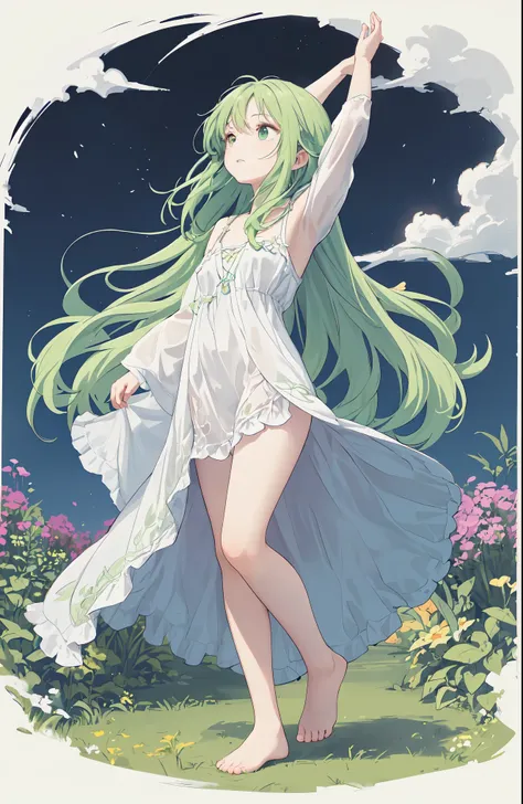 A full-body portrait of a long-haired girl looking up at the sky, She is shown in a 3/4 profile, with green hair and wears a simple, bohemian-style dress. The movement of her head causes her hair to sway in the air, creating dynamic lines against a garden...