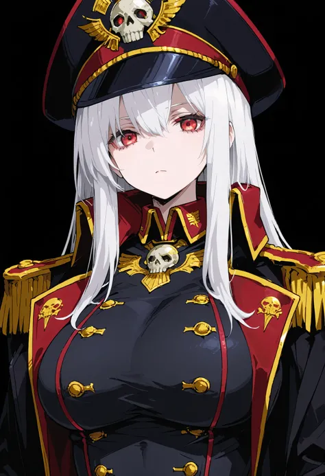 1 girl, solo, white hair, red eyes, edgCommissar
black headwear, epaulettes, black coat, wearing edgCommissar, skull emblem, millitary uniform, large breasts, white background,