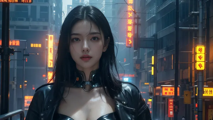  masterpiece,best quality,high resolution, 8,000,(Portrait Photos:1.5),(R Original photo),Real Photos,Digital photography,(cyberpunk style的城市街头，Bustling city streets，Neon sign，After the Rain，Mist，steam),(female), 20 year old girl, random hairstyle,Through ...