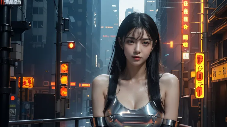  masterpiece,best quality,high resolution, 8,000,(Portrait Photos:1.5),(R Original photo),Real Photos,Digital photography,(cyberpunk style的城市街头，Bustling city streets，Neon sign，After the Rain，Mist，steam),(female), 20 year old girl, random hairstyle,Through ...