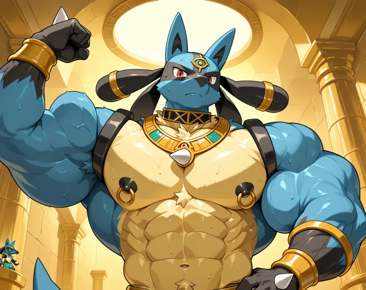 detailed background, low view, egypt, close up, solo, alone score_9_up,score_8_up,score_7_up,score_6_up,score_5_up,score_4_up, BREAK kemono, bara, furry, 1boy, anthro, LucarioRS, pokemon (creature), lucario, Blue Fur, Chest Spike, Red Eyes, yellow chest fu...