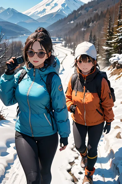 Highest Quality、high image quality、masterpiece、Detailed Background、(very detailed face:1.3)、age beauty、(huge breasts:1.3)、perfect body line、anatomically correct、braided bob cut、ponytail、Beautiful Nature、The fifth station of Mt. Fuji in spring、A clear blue ...