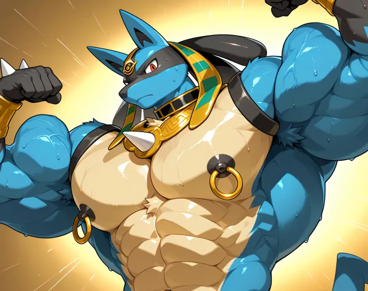 detailed background, low view, egypt, close up, solo, alone score_9_up,score_8_up,score_7_up,score_6_up,score_5_up,score_4_up, BREAK kemono, bara, furry, 1boy, anthro, LucarioRS, pokemon (creature), lucario, Blue Fur, Chest Spike, Red Eyes, yellow chest fu...