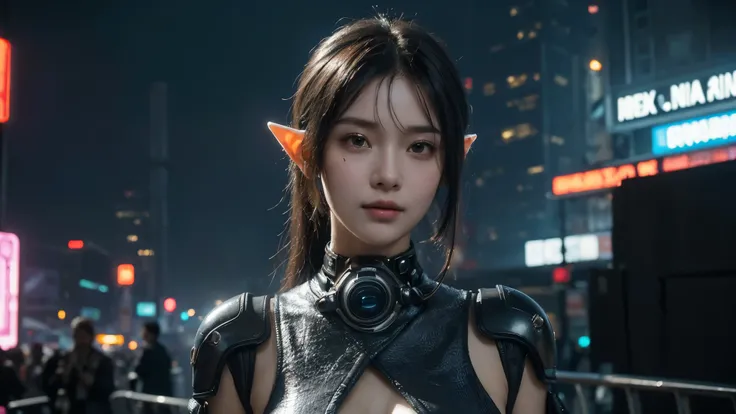  masterpiece,best quality,high resolution, 8,000,(Portrait Photos:1.5),(R Original photo),Real Photos,Digital photography,(Cyberpunk style city streets，Bustling city streets，Neon sign，After the Rain，Mist，steam),(Female elves), 20 year old girl, random hair...