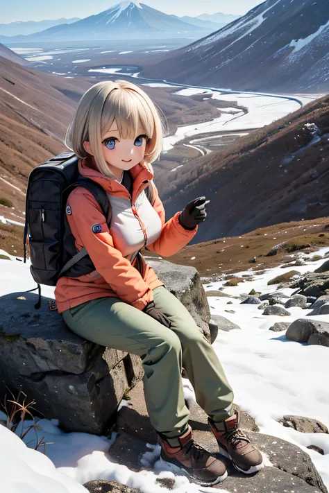 Highest Quality、high image quality、masterpiece、Detailed Background、(very detailed face:1.3)、age beauty、(huge breasts:1.3)、perfect body line、anatomically correct、braided bob cut、ponytail、Beautiful Nature、The fifth station of Mt. Fuji in spring、A clear blue ...