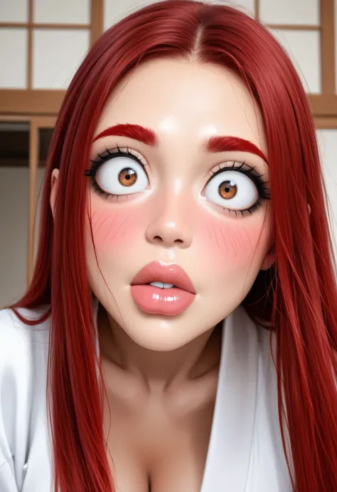 (perfect face), 1girl, red hair, long straight hair, red thin eyebrows, brown eyes, big eyes, black eyeliners, nose, thick lips, big lips, (surprised), (talking), blushing, collarbone, cleavage, medium breasts, white kimono, (looking at viewer)