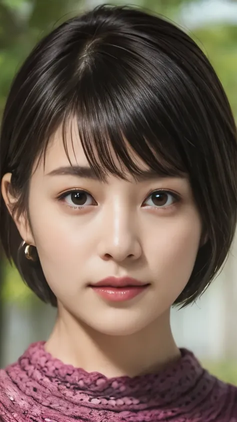 1 Female,Photorealistic,Highest quality,Ultra high definition,8K,Cool Beauty,Beauty,Perfect Style,Summer knitwear,Japanese,Upper body close-up,、上半身、無表情、ooking at the camera,Very Short Bob