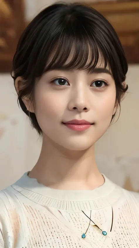 1 Female,Photorealistic,Highest quality,Ultra high definition,8K,Cool Beauty,Beauty,Perfect Style,Summer knitwear,Japanese,、薄い茶髪、,、上半身、歯を見せた笑顔、、ooking at the camera,Very Short Bob