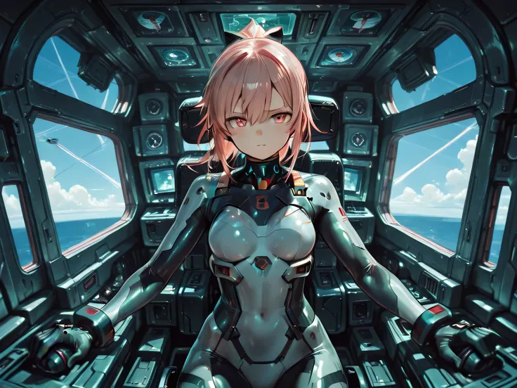 cybernetic female in air plane fighter cockpit anime