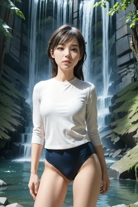 (masterpiece, highest quality), 1 girl, beautiful face, beautiful body, wearing a Black gymnastics bloomers, High leg、white blouse, cowboy shot、Are standing、full body portrait、alone, complex details, enlarged textures, complex details, finely detailed ...