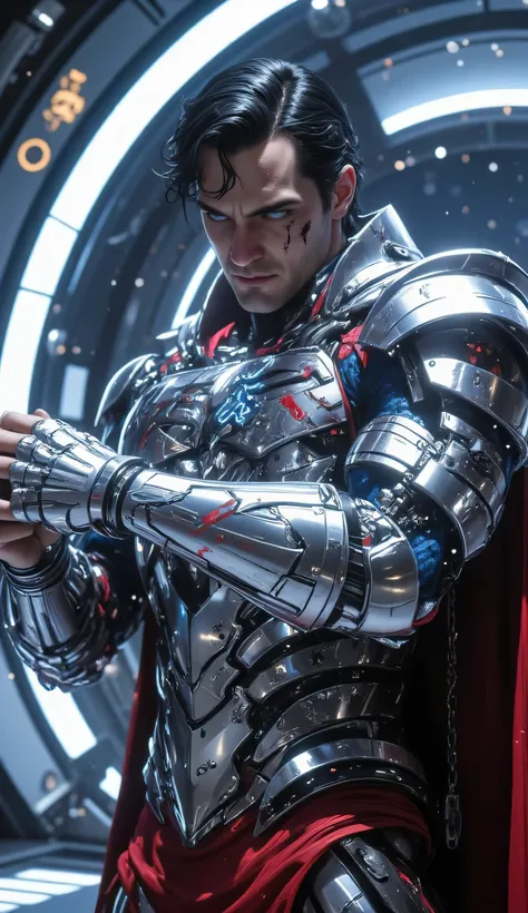 A stunning, ultra-detailed 8K cinematic image capturing Superman in the solemn, powerful act of donning his Kryptonian battle armor aboard a futuristic alien spaceship.

Superman is front and center, filling the frame.

His body is shown mid-action, as he ...