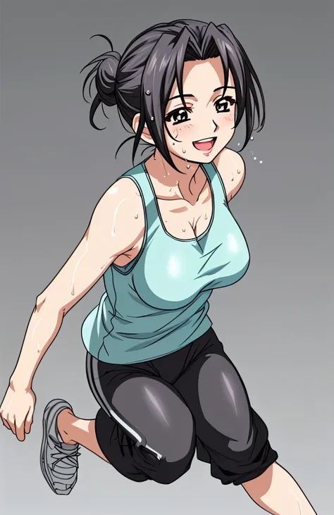 Mature Woman、Image of a single person、full body image、45 years old 、 hair tied、black hair、 、My whole body is sweaty、、  clothes are wet  、tank top、training pants、running、smiling expression、 simple background、solo, solo, She turns to me and smiles.、