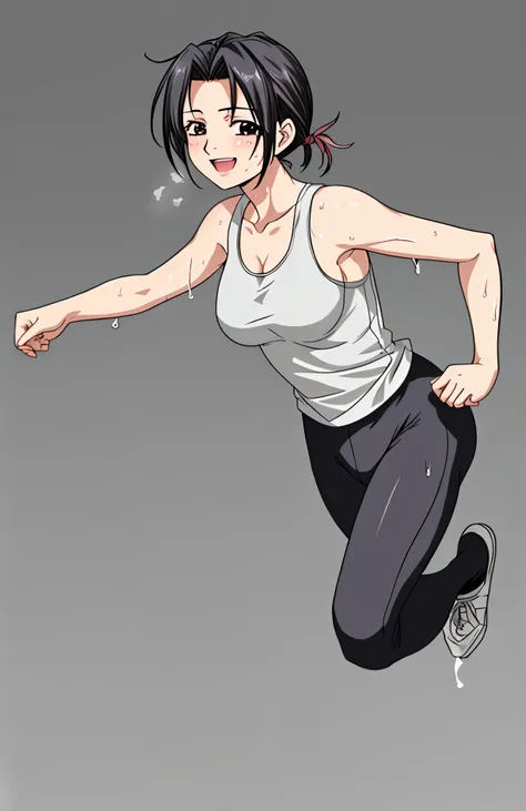Mature Woman、Image of a single person、full body image、45 years old 、 hair tied、black hair、 、My whole body is sweaty、、  clothes are wet  、tank top、training pants、running、smiling expression、 simple background、solo, solo, She turns to me and smiles.、