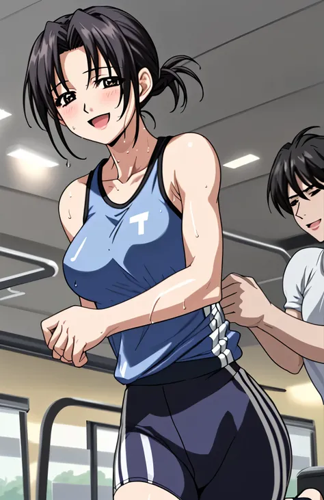 Mature Woman、Image of a single person、45 years old 、 hair tied、black hair、 、My whole body is sweaty、、  clothes are wet  、tank top、training pants、running、smiling expression、  sports gym background、solo, solo, She turns to me and smiles.、