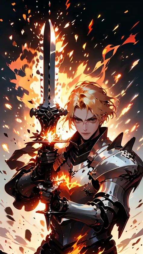 ((best quality)), ((masterpiece)), (detailed), perfect face, Western-style knight, metal armor, intricately decorated weapons featured in games, sword, male, short hair, blonde, metal gauntlets, In the Flames, on the Battlefield, Fantasy novel protagonist,...