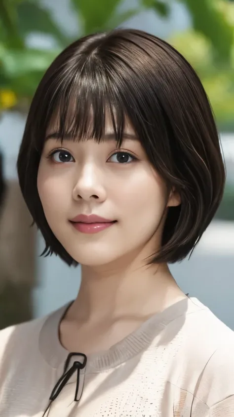 1 Female,Photorealistic,Highest quality,Ultra high definition,8K,Cool Beauty,Beauty,Perfect Style,Summer knitwear,Japanese,、薄い茶髪、,、上半身、歯を見せた笑顔、、ooking at the camera,Very Short Bob