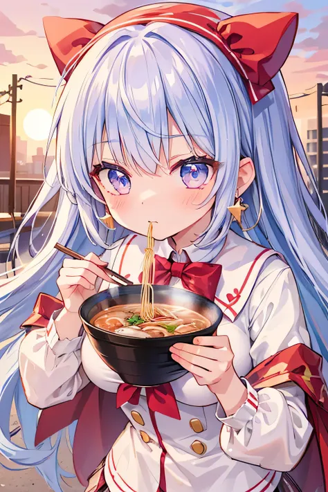 Highest Quality、high image quality、masterpiece、Detailed Background、(very detailed face:1.3)、age beauty、perfect body line、huge breasts、anatomically correct、(Normal number of fingers:1.4)、A street corner after school、A small ramen stall、
A girl in her school...