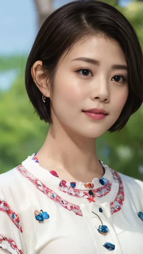 1 Female,Photorealistic,Highest quality,Ultra high definition,8K,Cool Beauty,Beauty,Perfect Style,Summer knitwear,Japanese,、薄い茶髪、,、上半身、歯を見せた笑顔、、ooking at the camera,Very Short Bob