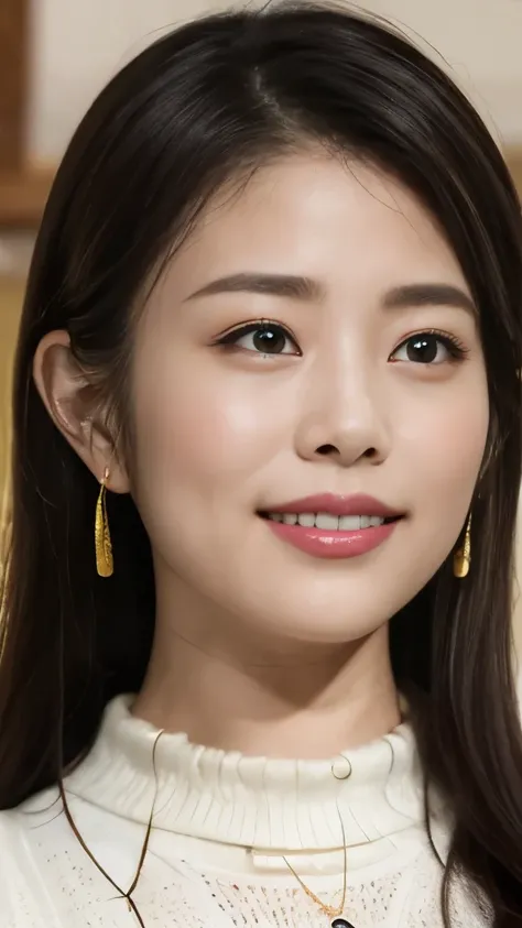 1 Female,Photorealistic,Highest quality,Ultra high definition,8K,Cool Beauty,Beauty,Perfect Style,Summer knitwear,Japanese,、上半身、smile,looking at the camera,Very 髪型ショートカット、耳にピアス、薄い茶髪、ネックレス