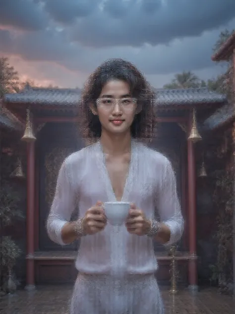 Tung Tung Sahur,an Indonesian man relaxing in the morning,portrait of a man with a cheerful face,baju santai,holding a cup of coffee, in front of the country house ,rural scenery,clear sky with white clouds,artistic,Photographic portraits,digital painting,...
