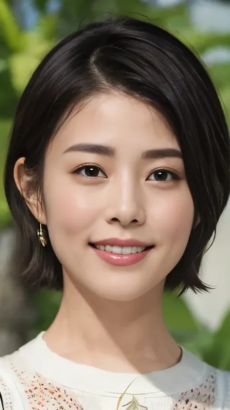 1 Female,Photorealistic,Highest quality,Ultra high definition,8K,Cool Beauty,Beauty,Perfect Style,Summer knitwear,Japanese,、上半身smile,looking at the camera,Very Short Bob、耳にピアス、薄い茶髪、