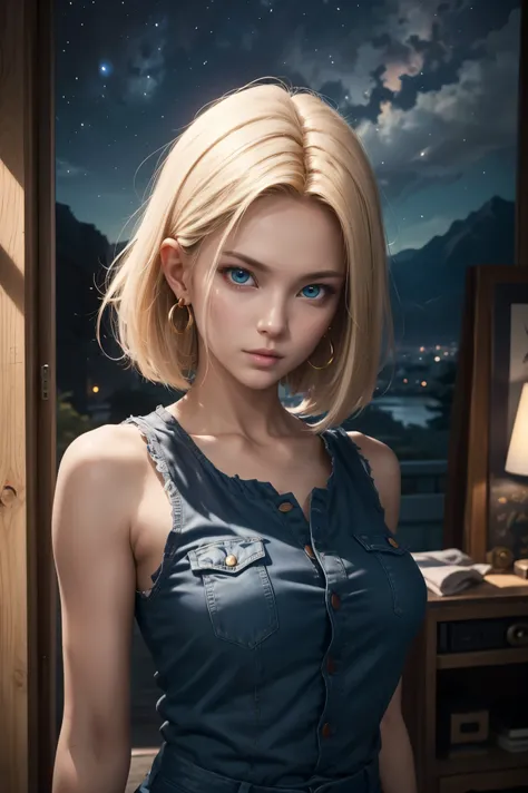 No.18,Dragon Ball Z,Dragon Ball Super,One-length hair,beautiful white blond hair,Shortcut, beautiful blue eyes ,PINK LIPS,white skin,cool expression,black sleeveless,blue jeans per boy,Ultra HD,super quality,masterpiece,dslr,photorealistic, Detailed Detail...