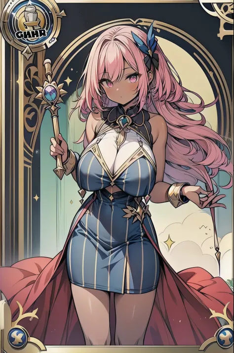 ((Highest Quality)), ((masterpiece)),  (huge sagging breasts:1.38),thick legs,Patterned clothing.Magical Girl.,pink hair.(dark skin:1.25). magic wand on the hill. cowboy shot. Square,game card style picture frame