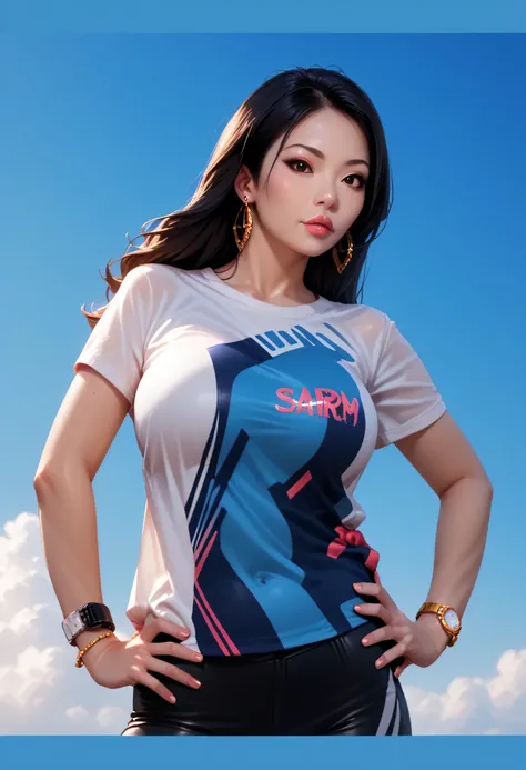 watch, wristwatch, 1girl, jewelry, bracelet, hand on hip, solo, shirt, blue background, wristband, blue sky, earrings, hands on hips, sky, black hair, lips, t-shirt, bangle, realistic, day, long hair, nose, asian, short sleeves, large breasts