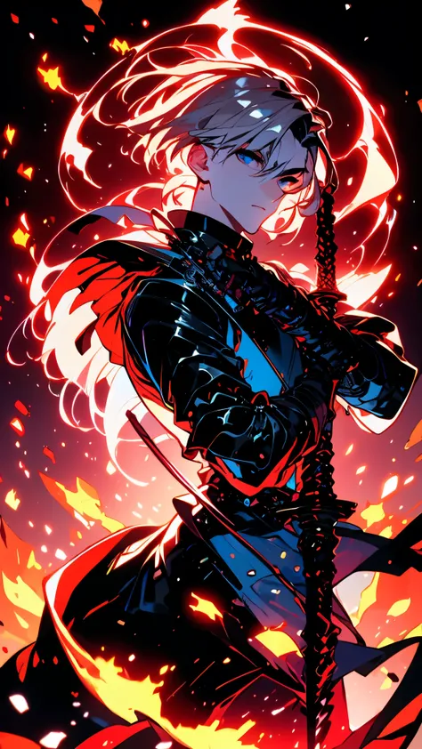 ((best quality)), ((masterpiece)), (detailed), perfect face, Western-style knight, metal armor, intricately decorated weapons featured in games, sword, male, short hair, blonde, metal gauntlets, In the Flames, on the Battlefield, Fantasy novel protagonist,...