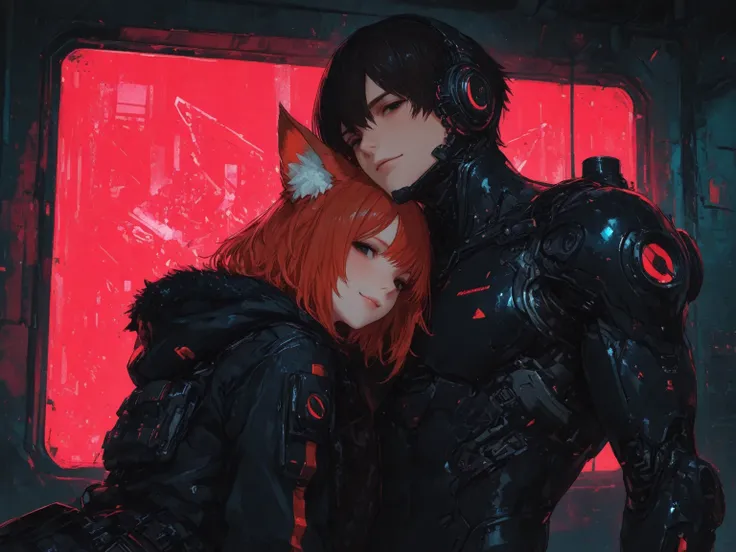 (masterpiece,best quality),a couple\(a cat-ear woman and normal human man\),the cat-ear woman\(cat-ear,fluffy ear,details of cat-ear,red-brown hair,big black eyes,gentle smile,simple persuit style costume\),the man\(male,black short hair,simple persuit sty...