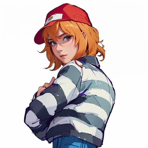 anime girl with red hair, striped shirt and hat, female protagonist 👀 :8, female protagonist, madeline from celeste, Anime style, anime style character, 2D anime style , inspired by Junpei Sato, high-quality fan art, Anime style, Anime character, fan ar...