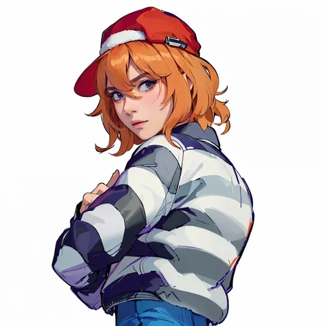 anime girl with red hair, striped shirt and hat, female protagonist 👀 :8, female protagonist, madeline from celeste, Anime style, anime style character, 2D anime style , inspired by Junpei Sato, high-quality fan art, Anime style, Anime character, fan ar...