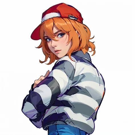anime girl with red hair, striped shirt and hat, female protagonist 👀 :8, female protagonist, madeline from celeste, Anime style, anime style character, 2D anime style , inspired by Junpei Sato, high-quality fan art, Anime style, Anime character, fan ar...