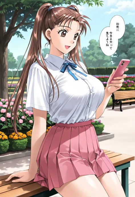 masterpiece, newest, lively, very aesthetic, high contrast, mature woman,solo,((KanouRyouko, twintails, brown hair, long hair, brown eyes)),((school uniform,white shirt,blue ribbon,pink pleated skirt)), ((Big Breasts:1.4)), (smile,open mouth),((garden,Outd...