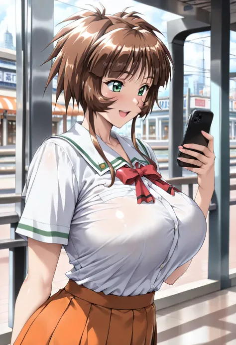 masterpiece, newest, lively, very aesthetic, high contrast, mature woman,solo.((Ichimonji_Akane(Tokimeki_Memorial2),1girl, solo, brown hair, green eyes, short hair, huge breasts, bangs, shiny hair, sidelocks)),((school uniform,white shirt,Red Ribbon,orange...