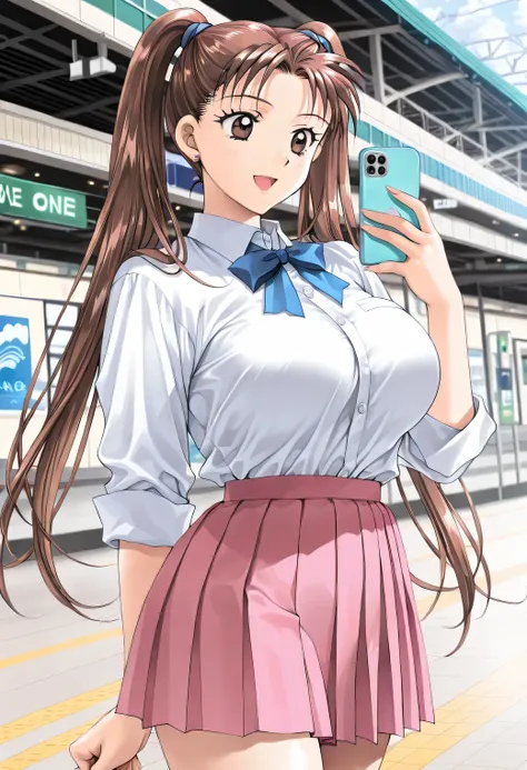 masterpiece, newest, lively, very aesthetic, high contrast, mature woman,solo,((KanouRyouko, twintails, brown hair, long hair, brown eyes)),((school uniform,white shirt,blue ribbon,pink pleated skirt)), ((Big Breasts:1.4)), (smile,open mouth),(( Tokyo ,sta...