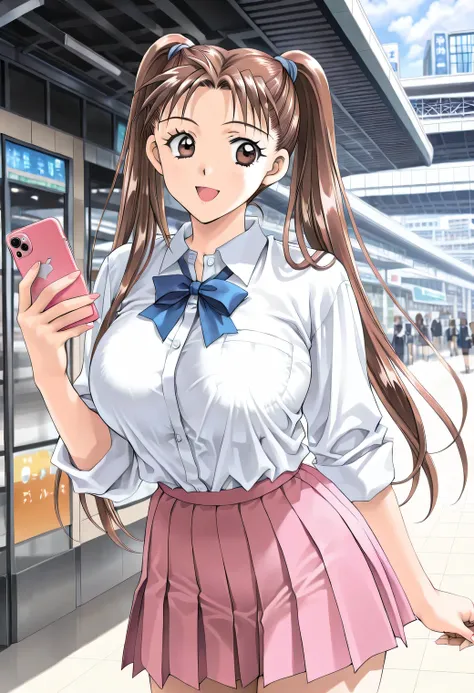 masterpiece, newest, lively, very aesthetic, high contrast, mature woman,solo,((KanouRyouko, twintails, brown hair, long hair, brown eyes)),((school uniform,white shirt,blue ribbon,pink pleated skirt)), ((Big Breasts:1.4)), (smile,open mouth),(( Tokyo ,sta...