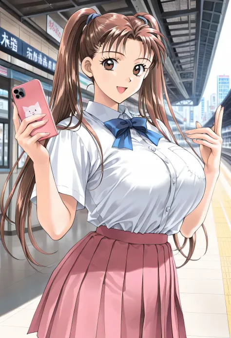 masterpiece, newest, lively, very aesthetic, High Contrast, mature woman,solo,((KanouRyouko, twintails, brown hair, long hair, brown eyes)),((school uniform,white shirt,blue ribbon,pink pleated skirt)), ((Big Breasts:1.4)), (smile,open mouth),(( Tokyo ,sta...