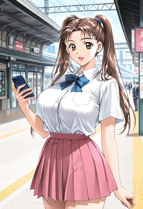 masterpiece, newest, lively, very aesthetic, high contrast, mature woman,solo,((KanouRyouko, twintails, brown hair, long hair, brown eyes)),((school uniform,white shirt,blue ribbon,pink pleated skirt)), ((Big Breasts:1.4)), (smile,open mouth),(( Tokyo ,sta...