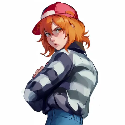 anime girl with red hair, striped shirt and hat, female protagonist 👀 :8, female protagonist, madeline from celeste, Anime style, anime style character, 2D anime style , inspired by Junpei Sato, high-quality fan art, Anime style, Anime character, fan ar...