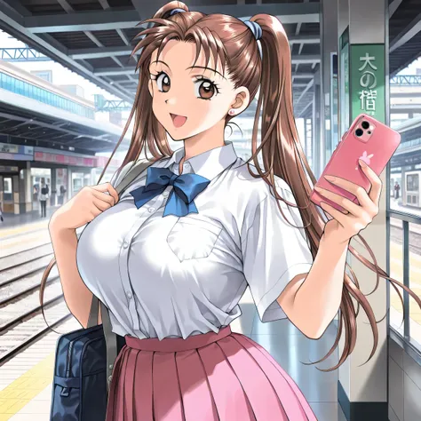 masterpiece, newest, lively, very aesthetic, High Contrast, mature woman,solo,((KanouRyouko, twintails, brown hair, long hair, brown eyes)),((school uniform,white shirt,blue ribbon,pink pleated skirt)), ((Big Breasts:1.4)), (smile,open mouth),(( Tokyo ,sta...